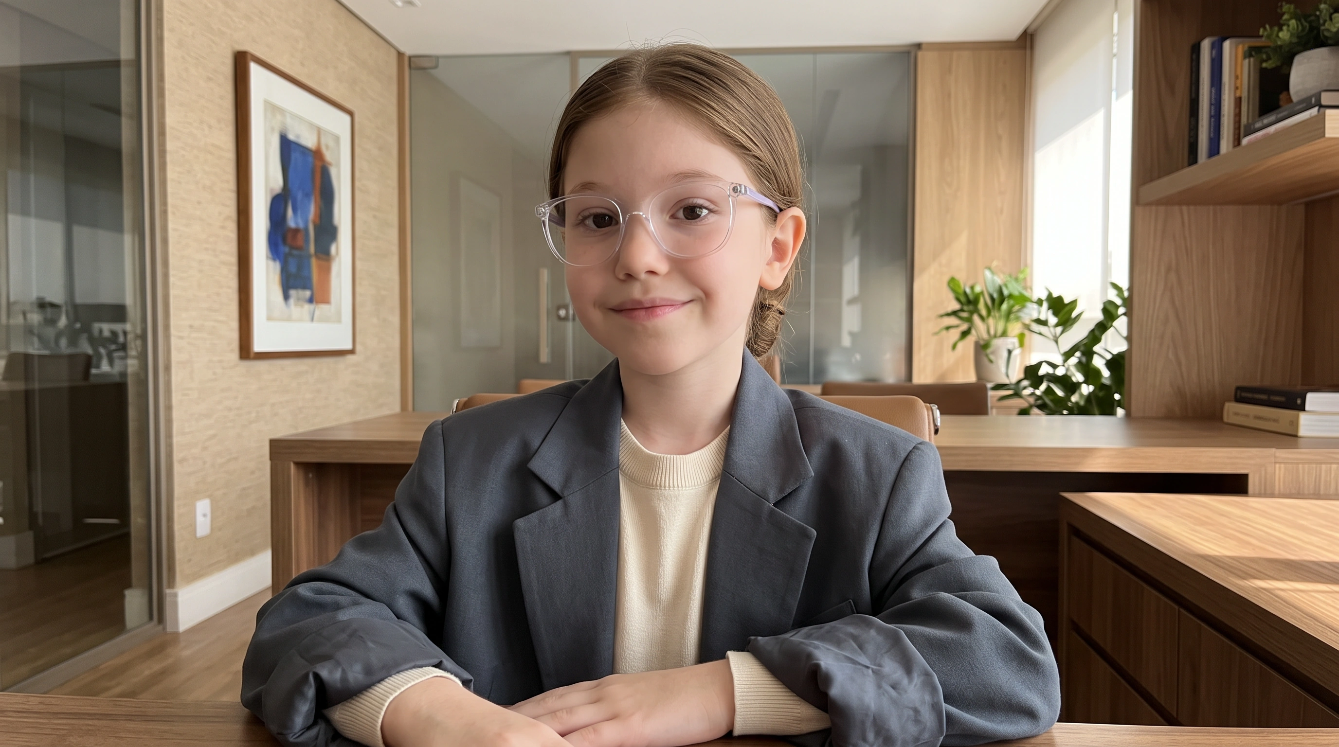 Bel de blazer cinza, sentada à mesa de um escritório